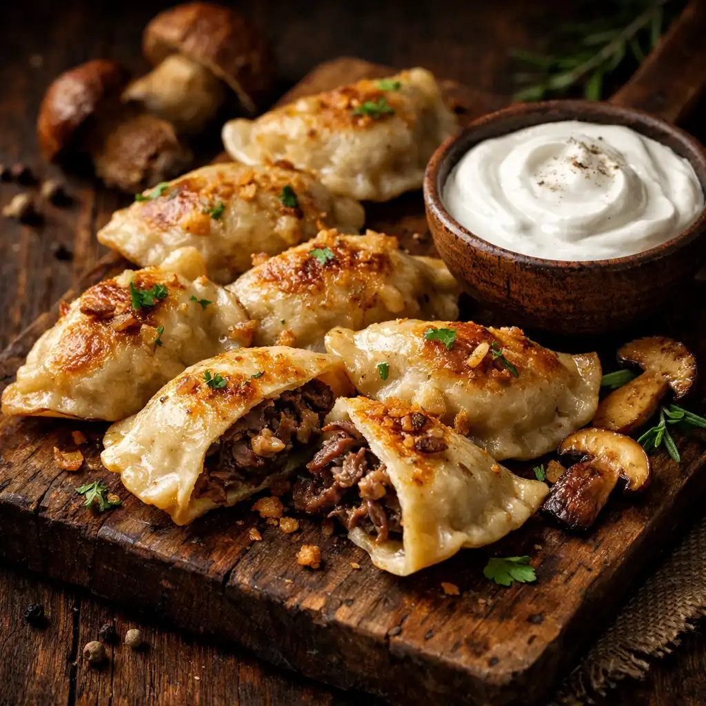 Pierogi z dziczyzną i borowikami na rustykalnej desce z kwaśną śmietaną