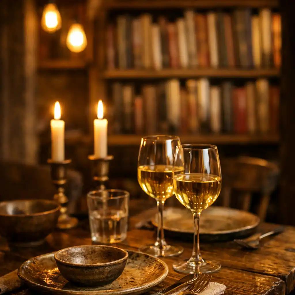 Rustykalne wnętrze bistro z drewnianymi belkami i świecami