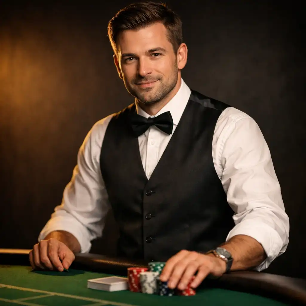 Portret krupiera Tomasza w eleganckiej kamizelce przy stole pokerowym