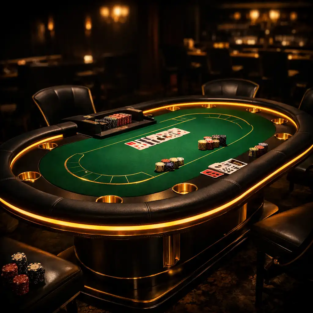 Nowy stół pokerowy z zielonym filcem i podświetlanymi krawędziami