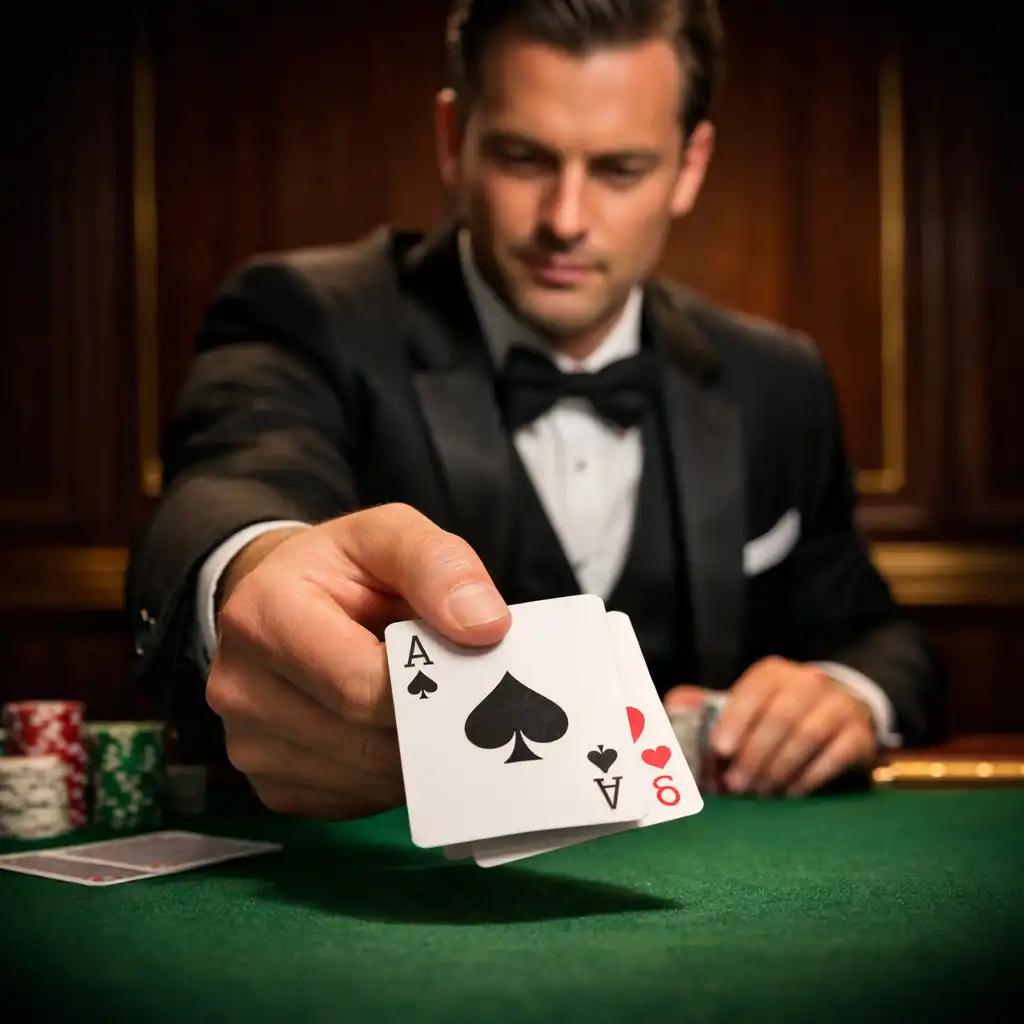Profesjonalny krupier w eleganckim stroju rozdający karty przy stole pokerowym