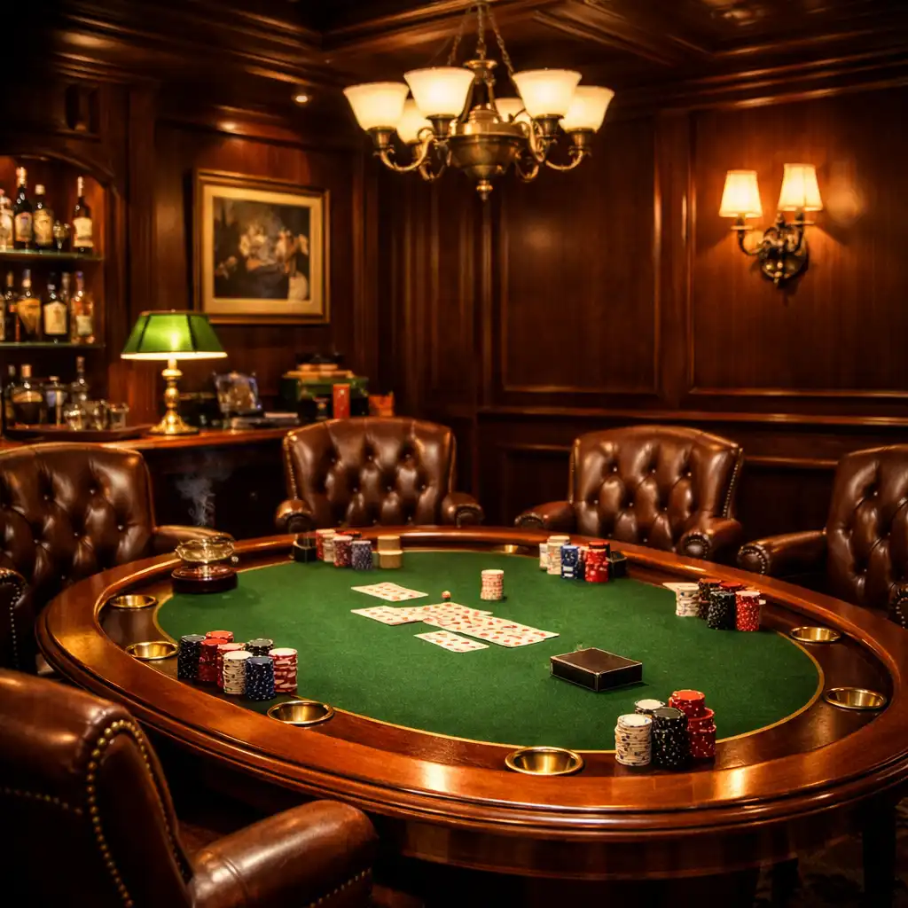 Wnętrze poker roomu z mahoniowymi panelami, skórzanymi fotelami i zielonym filcem stołu