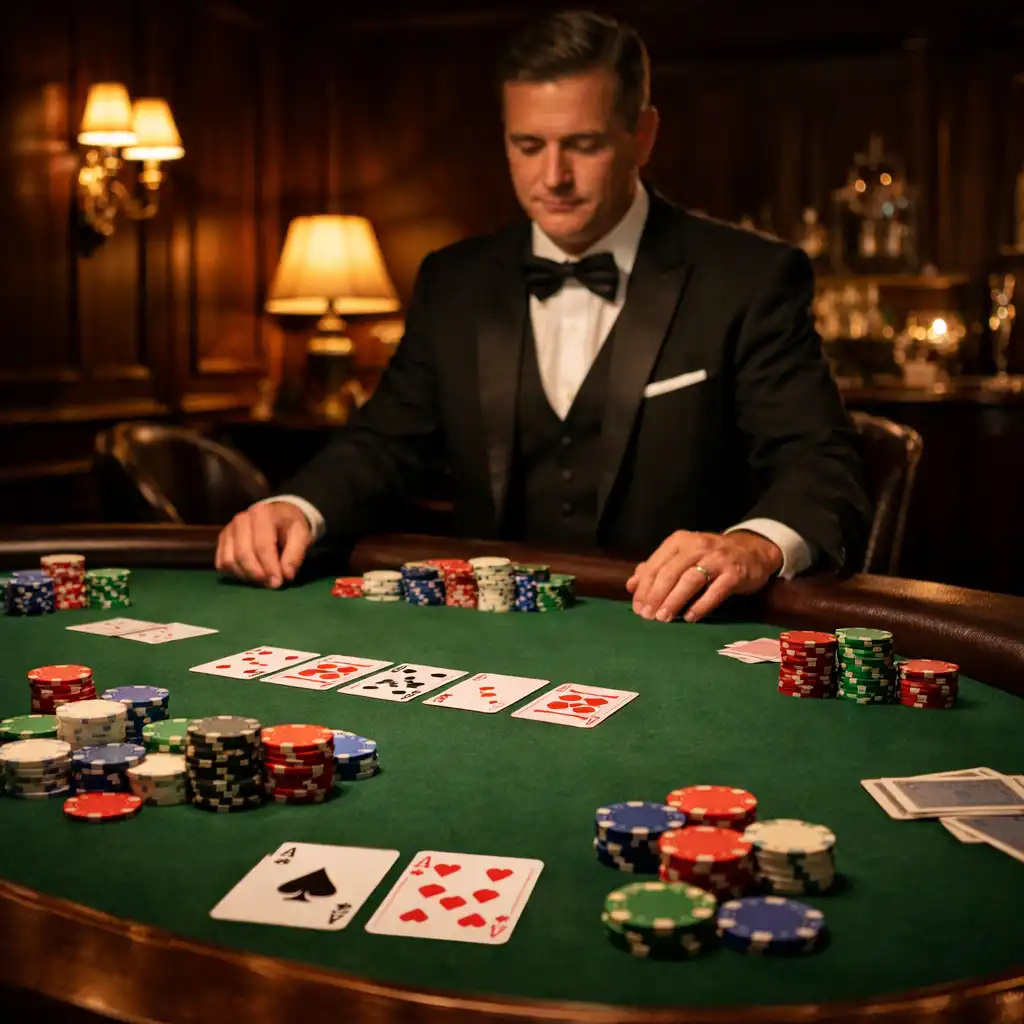 Stół pokerowy z zielonym filcem, żetonami i kartami w kameralnym wnętrzu