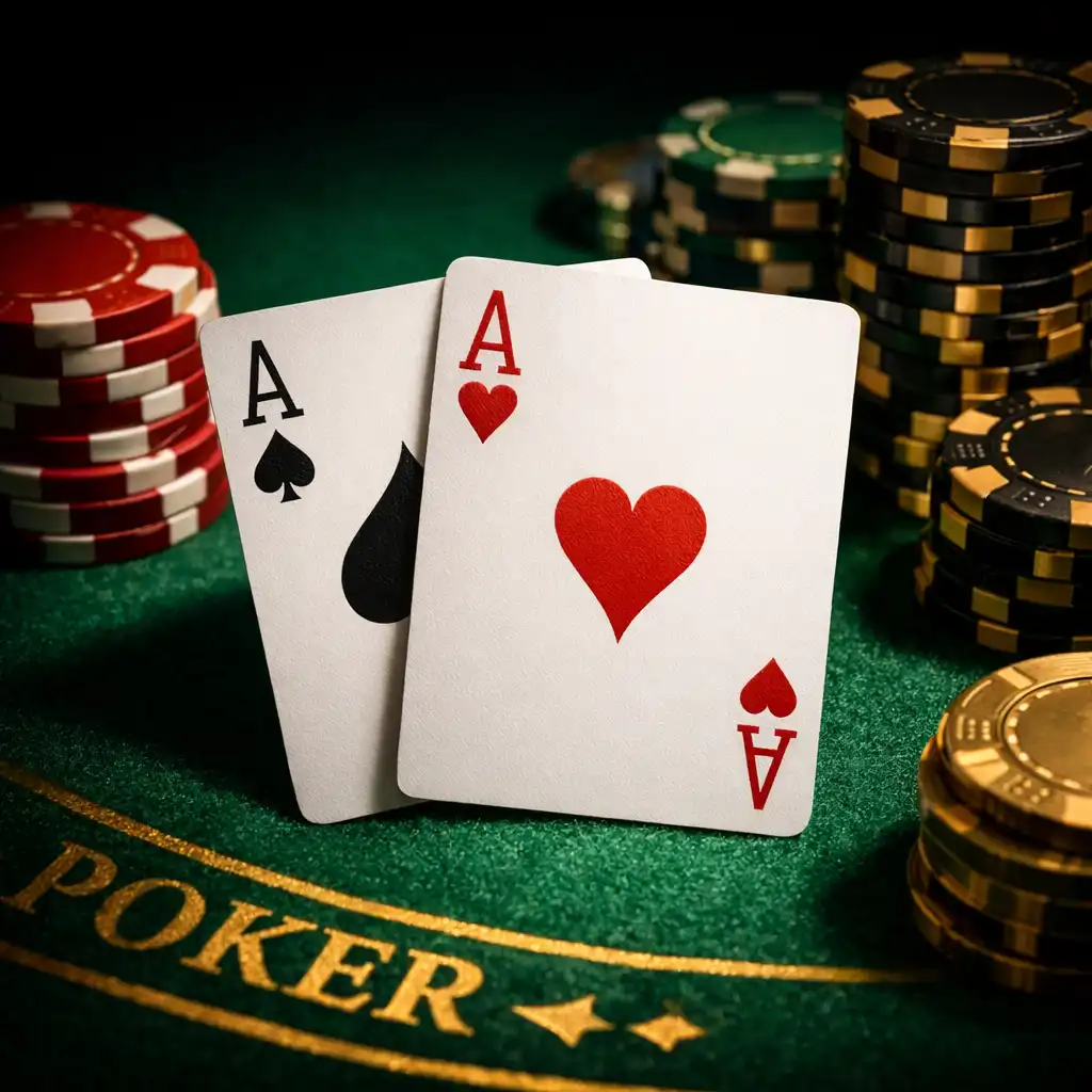 Zbliżenie na zielony filc stołu pokerowego z kartami i żetonami