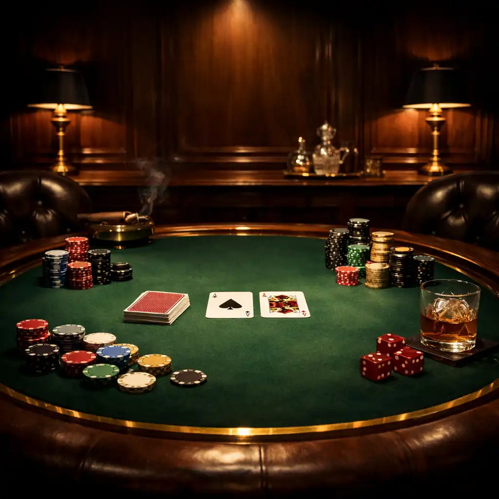 Kameralny stół pokerowy z zielonym filcem, kartami i żetonami w eleganckim wnętrzu Smakowego Zaułka