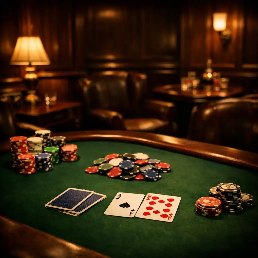 Stół pokerowy z zielonym filcem i żetonami w kameralnym poker roomie