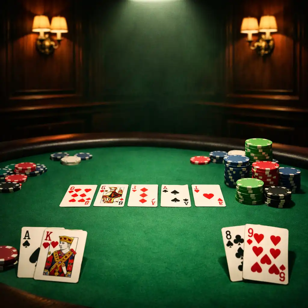 Stół pokerowy z zielonym filcem, kartami i żetonami