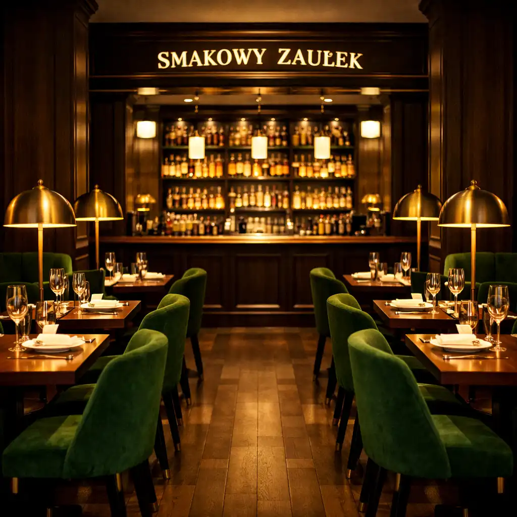 Elegancka strefa restauracyjna Smakowego Zaułka z zielonymi akcentami i złotymi lampami