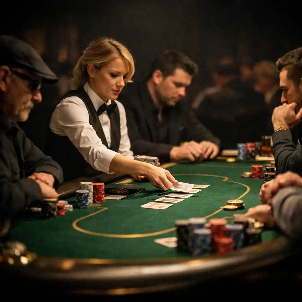 Stół pokerowy podczas turnieju z krupierem i graczami w skupieniu